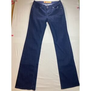 Y2K Apple Bottoms Jeans • Dark Wash • Straight Leg • Purple Stitching • 7/8